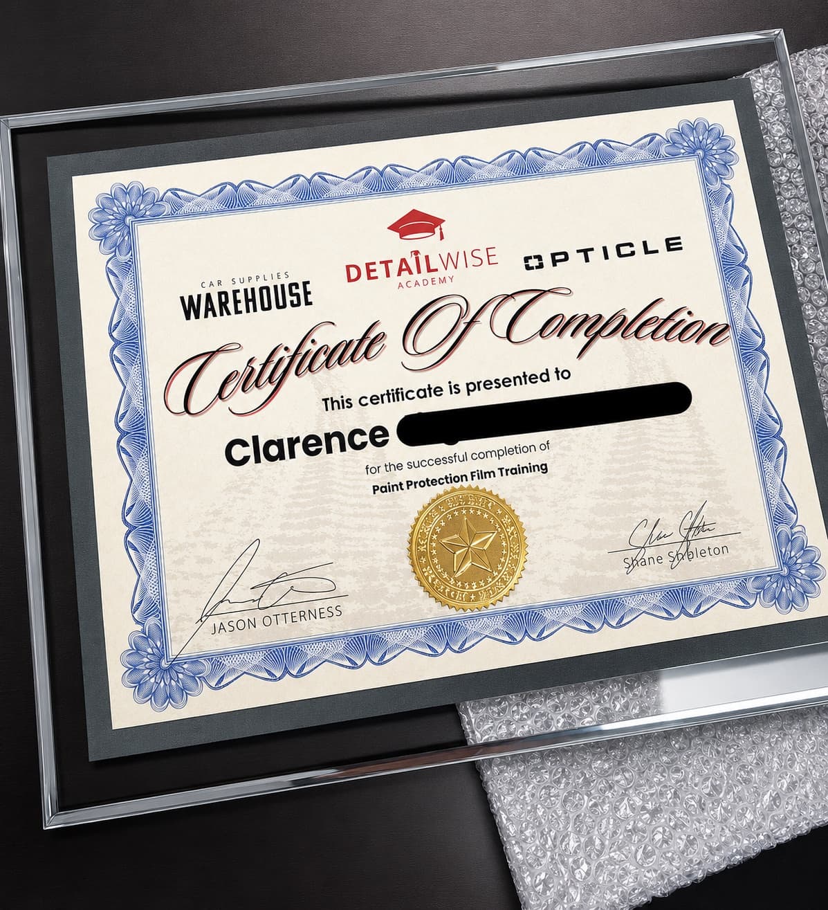 DetailWise Academy Paint Protection Film Training — certificate of completion